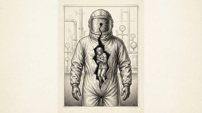Engraved illustration of a sealed protective hazmat suit with a crack down the torso, exposing a smaller figure inside — the protective layer transmitting harm to what it was meant to shield.