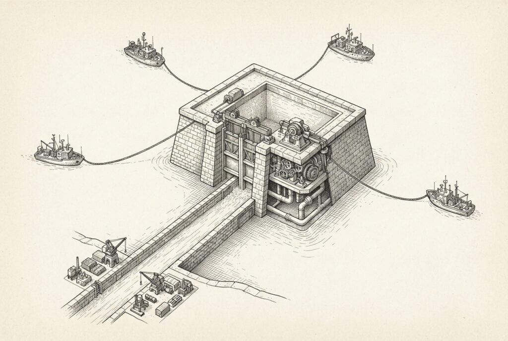 Engraved harbor diagram showing four research vessels tethered to one fixed reservoir while a separate straight canal feeds a compact industrial dock.