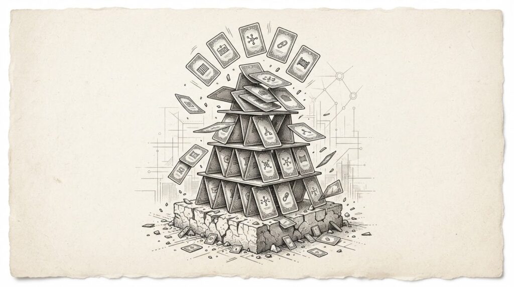 Layered agent runtime stack as a collapsing house of cards, with each card labeled by attack surface — sandbox, gateway, MCP, guardrail — representing structural vulnerabilities exposed at DEF CON 34.