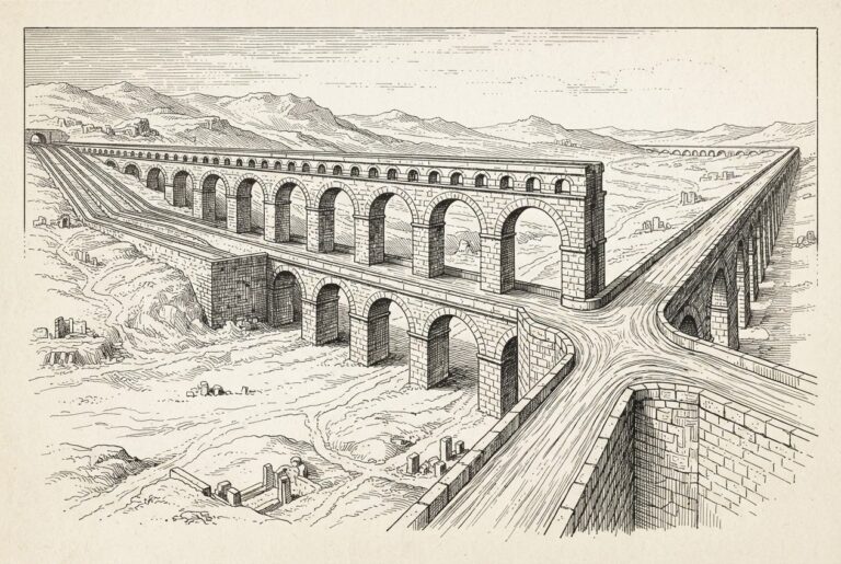Pen-and-ink engraving of a vast ancient aqueduct system with multiple separate stone channels converging into one wide main channel, representing different institutional workflows merging into unified tokenized infrastructure.