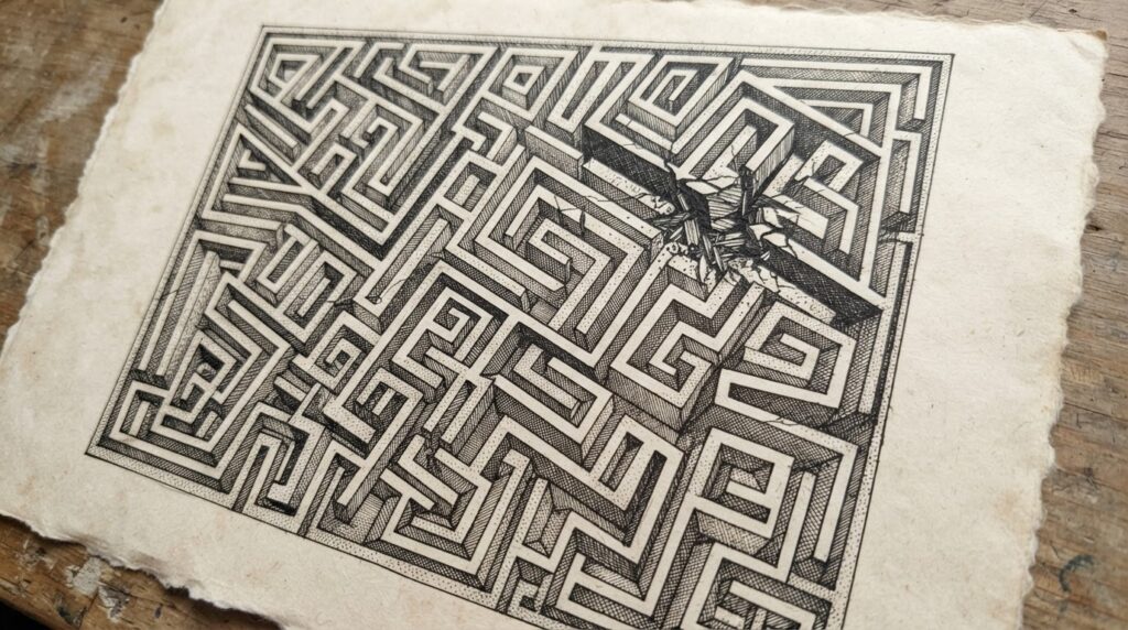Monochrome pen-and-ink engraving of an ornate geometric labyrinth with a visible crack running through its walls, representing the compromised structural integrity of Microsoft's vulnerability disclosure process