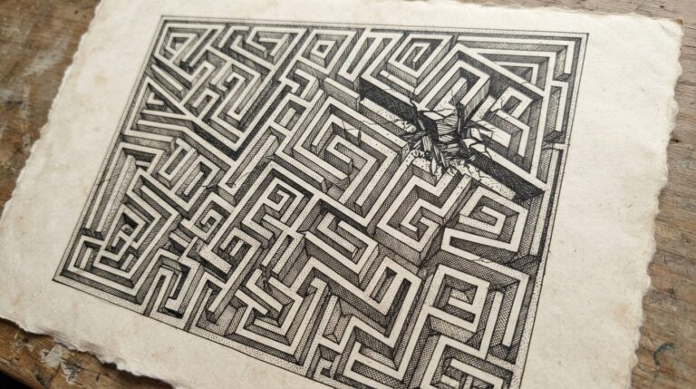 Monochrome pen-and-ink engraving of an ornate geometric labyrinth with a visible crack running through its walls, representing the compromised structural integrity of Microsoft's vulnerability disclosure process