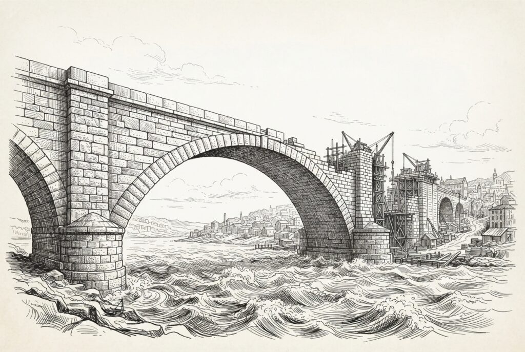 A massive stone bridge being constructed over a turbulent river. Monochrome pen-and-ink engraving representing the Ethena/FalconX secured warehouse lending facility as institutional infrastructure.
