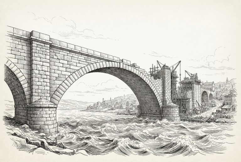A massive stone bridge being constructed over a turbulent river. Monochrome pen-and-ink engraving representing the Ethena/FalconX secured warehouse lending facility as institutional infrastructure.