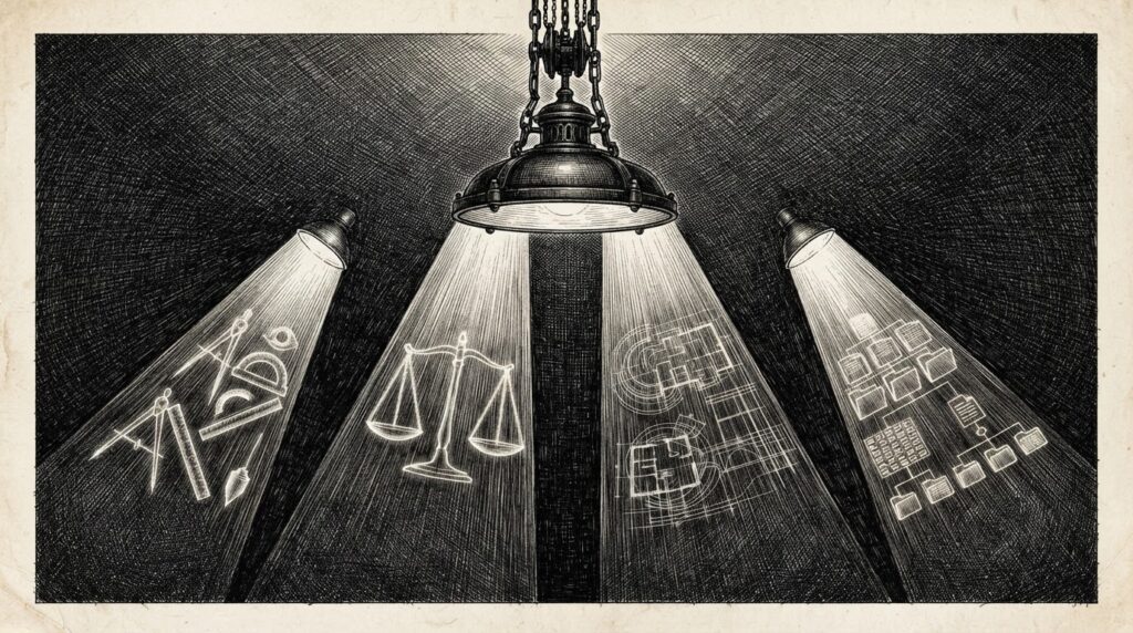 A single massive inspection lamp casts four distinct beams of light across a dark expanse, each illuminating abstract symbolic forms - the EU AI Office's enforcement apparatus under construction as inspection roles are defined through illumination rather than physical infrastructure.