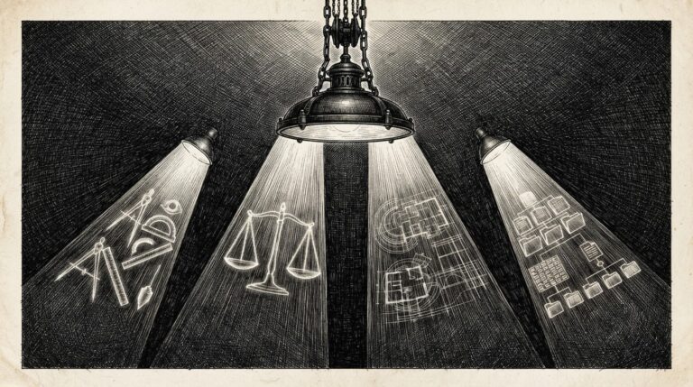 A single massive inspection lamp casts four distinct beams of light across a dark expanse, each illuminating abstract symbolic forms - the EU AI Office's enforcement apparatus under construction as inspection roles are defined through illumination rather than physical infrastructure.