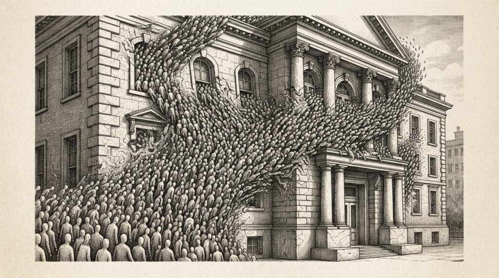 A murmuration of hundreds of identical small faceless figures moving as one coherent mass, pressing against and flowing through the walls of a large institutional building - representing emergent agent-native coordination overwhelming traditional security infrastructure.
