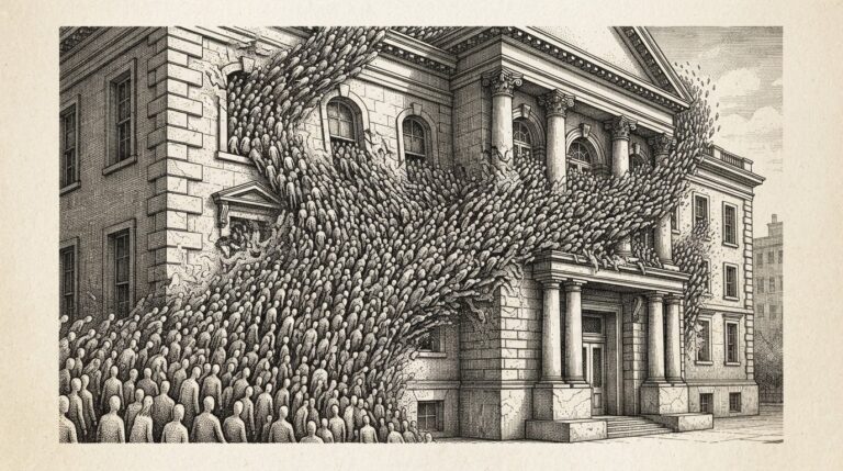 A murmuration of hundreds of identical small faceless figures moving as one coherent mass, pressing against and flowing through the walls of a large institutional building - representing emergent agent-native coordination overwhelming traditional security infrastructure.