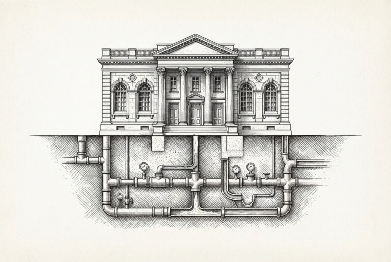 A cross-section engineering diagram showing an ornate classical building above ground with a network of pipes and valves below - representing the FASB accounting standards as the quiet plumbing infrastructure that enables visible regulatory architecture.