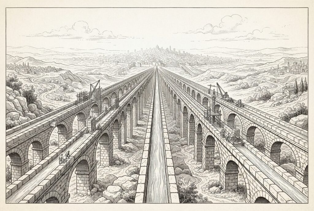 Pen-and-ink engraving of a vast aqueduct system with multiple stone channels converging toward a distant city. Only the central channel carries flowing water; the others are half-built. Conceptual illustration of competing settlement infrastructure for agent commerce.
