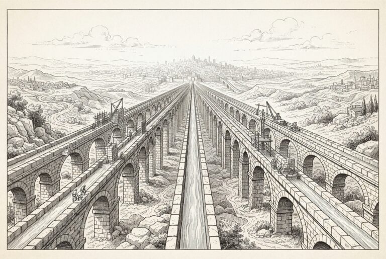 Pen-and-ink engraving of a vast aqueduct system with multiple stone channels converging toward a distant city. Only the central channel carries flowing water; the others are half-built. Conceptual illustration of competing settlement infrastructure for agent commerce.