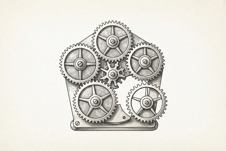 Pen-and-ink engraving of a complex mechanical clockwork mechanism viewed from above, with five separate gear assemblies arranged in a loose pentagon - four gears nearly meshing with their neighbors but the fifth gear still has a visible gap of empty space between it and the rest, representing five regulatory tracks converging into a single institutional framework with the final rules still missing.