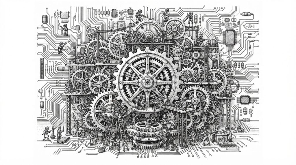 Monochrome pen-and-ink engraving of tiered gear systems and autonomous agents repairing circuit board traces, representing DeepSeek's agentic pricing disruption