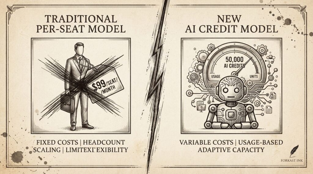Monochrome editorial engraving of a SaaS pricing page with two columns: left column shows a human figure with a price tag crossed out, right column shows an agent icon with a meter. The transition captures the structural shift from per-seat pricing to AI credit consumption.