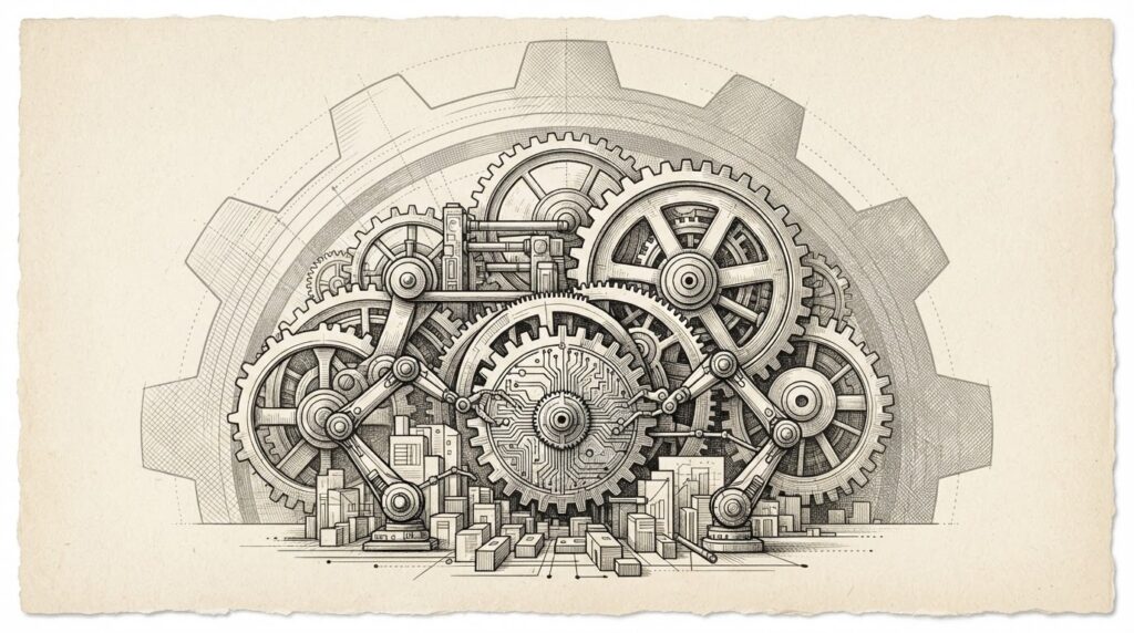 Monochrome editorial engraving of a small intricate gear mechanism with circuit-board traces driving a larger gear system, with robotic agent arms performing tasks — conveying a compact model powering disproportionate agentic capability.