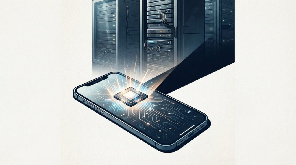 A small glowing chip on a smartphone device casting a large shadow over massive cloud server racks, representing on-device AI models challenging cloud computing dominance