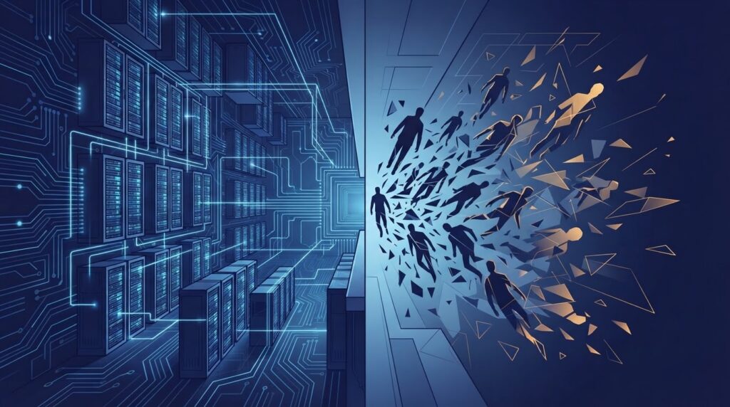Conceptual editorial illustration of Google compute landlord thesis: structured data center infrastructure on left, fragmented researcher silhouettes dispersing on right