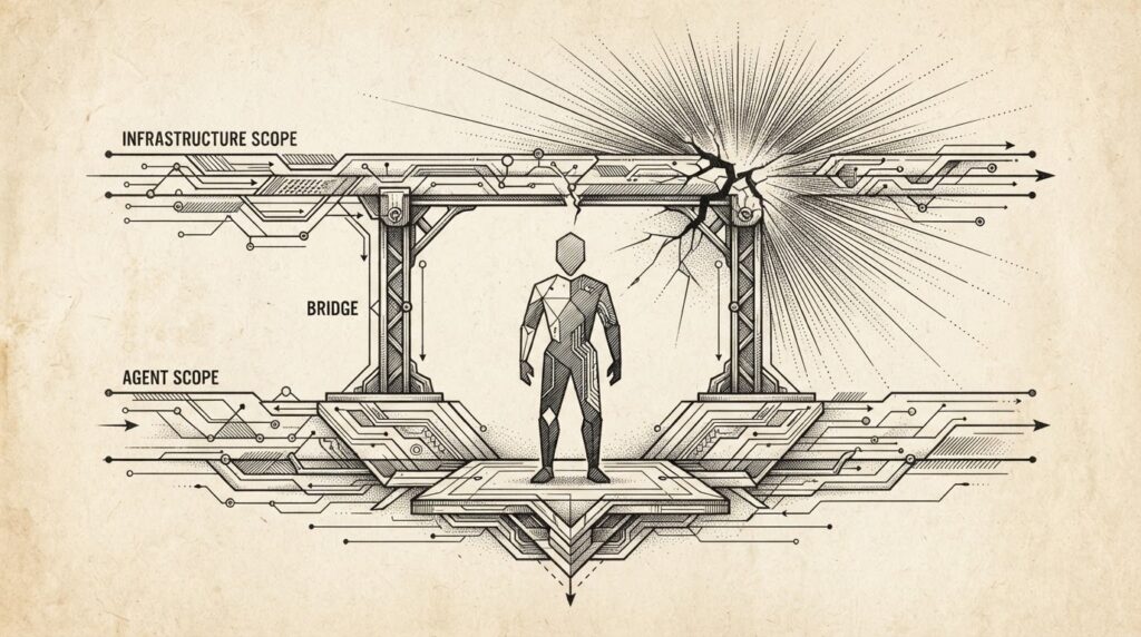Monochrome engraving of an autonomous agent silhouette with a broken OBO authority boundary, scope-change blast radius extending into infrastructure