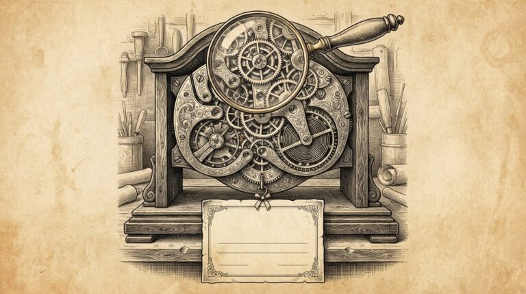 Pen-and-ink engraving of a magnifying glass examining an ornate clockwork mechanism with a conspicuously blank specification document hanging below it - depicting capability without accountability documentation