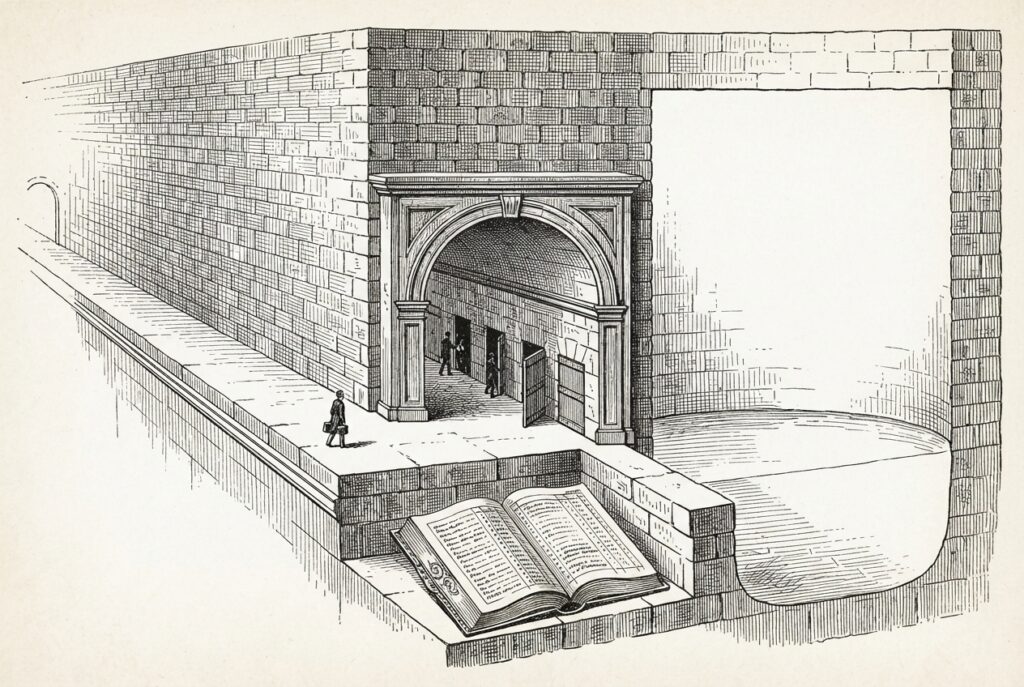 Pen-and-ink engraving of a massive stone aqueduct with an ornate inspection archway built into the passage wall. Six gate-slots line the arch: three open with figures passing through, three closed with solid barriers. A solitary figure approaches from the left. An ornate account book rests on a ledge below the arch, its pages filled with ruled tracking lines.