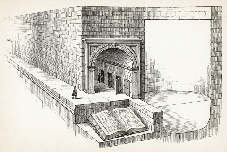 Pen-and-ink engraving of a massive stone aqueduct with an ornate inspection archway built into the passage wall. Six gate-slots line the arch: three open with figures passing through, three closed with solid barriers. A solitary figure approaches from the left. An ornate account book rests on a ledge below the arch, its pages filled with ruled tracking lines.