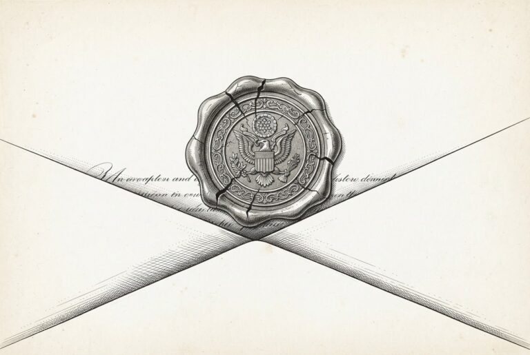 An ornate wax seal pressed onto a partially folded legal document - the seal is authentic and detailed, but the fold hides the full contents beneath. Conceptual illustration of audit certification that is genuine but structurally incomplete.