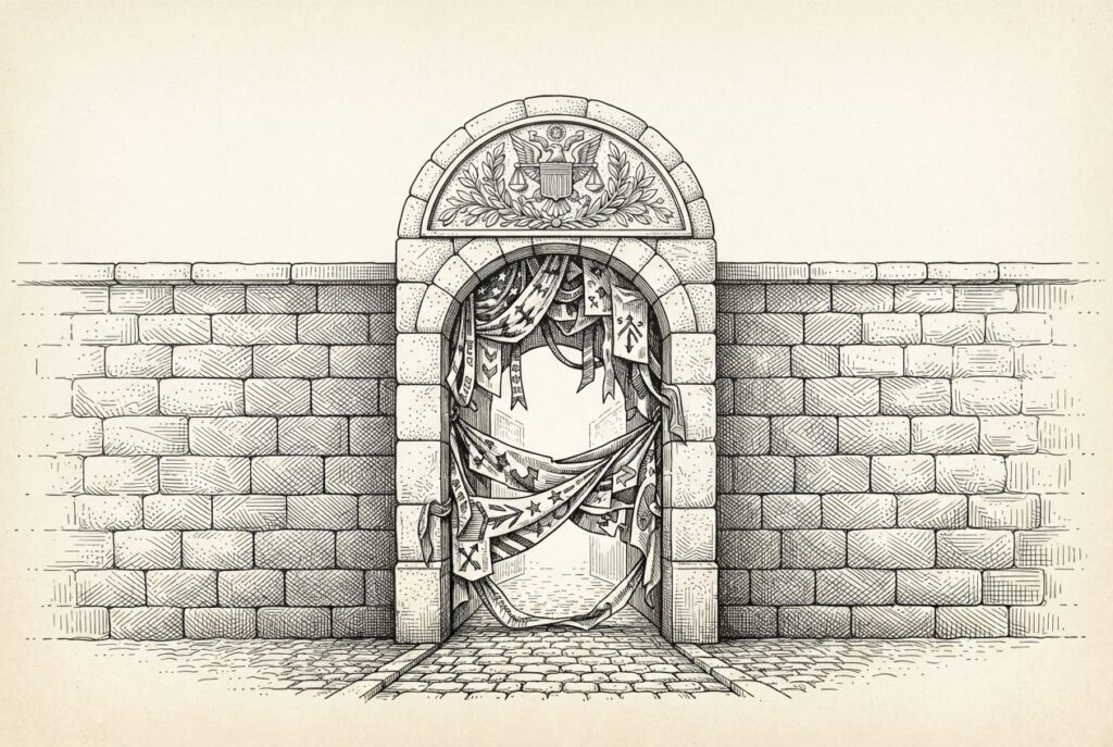A narrow stone gateway in a thick wall, with political banners and fabric draped across the threshold. The only passage through the regulatory wall, but entangled in political cloth. Conceptual illustration of a limited-purpose trust charter inseparable from its political context.