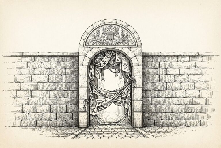 A narrow stone gateway in a thick wall, with political banners and fabric draped across the threshold. The only passage through the regulatory wall, but entangled in political cloth. Conceptual illustration of a limited-purpose trust charter inseparable from its political context.