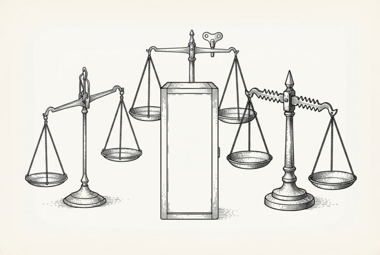 Three antique balance scales surrounding a single unmarked rectangular case; different enforcement mechanisms on each scale, same object without a label
