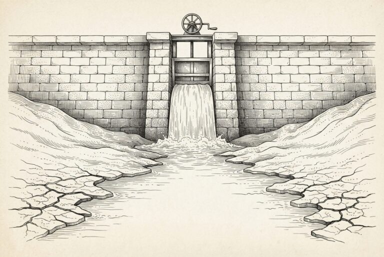 A massive stone dam with its gate deliberately opened, water pouring into a dry cracked valley below - the FTC releasing enforcement pressure it built up, with the landscape downstream transforming as a result. Monochrome pen-and-ink engraving.