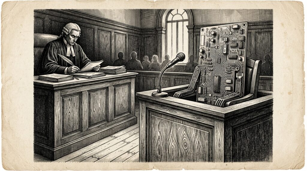 A courtroom witness stand with a microphone, occupied by a circuit board instead of a person - the agent is present but its behavior is not being examined