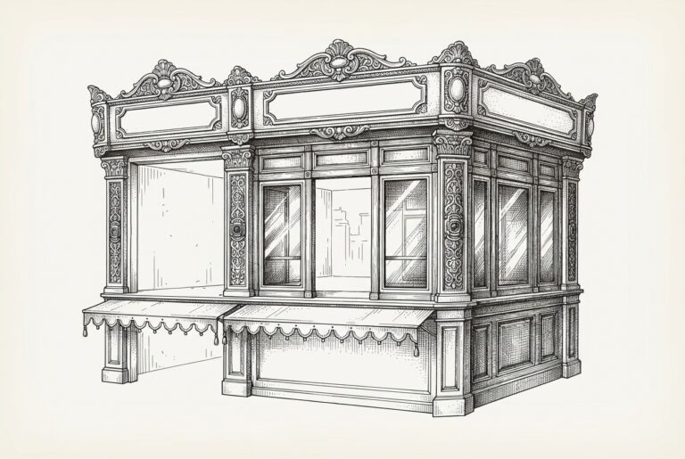 Ornate engraved storefront facade with intricate details but empty void behind it - the marketing was the product, not the technology