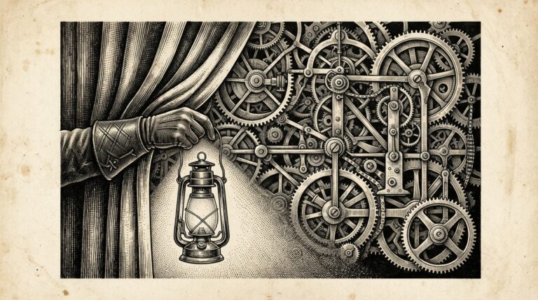 A gloved hand pulls aside a heavy curtain while holding a lantern, revealing an intricate mechanism of interlocking gears and cogs behind it — representing the FTC forcing visibility into the hidden machinery of algorithmic personalized pricing.