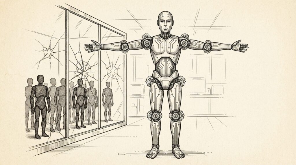 A humanoid robot with circuit-board traces running from feet to fingertips, three gear mechanisms at major joints, separated by a cracked glass wall from rows of Chinese robot silhouettes. Monochrome pen-and-ink engraving on warm paper.