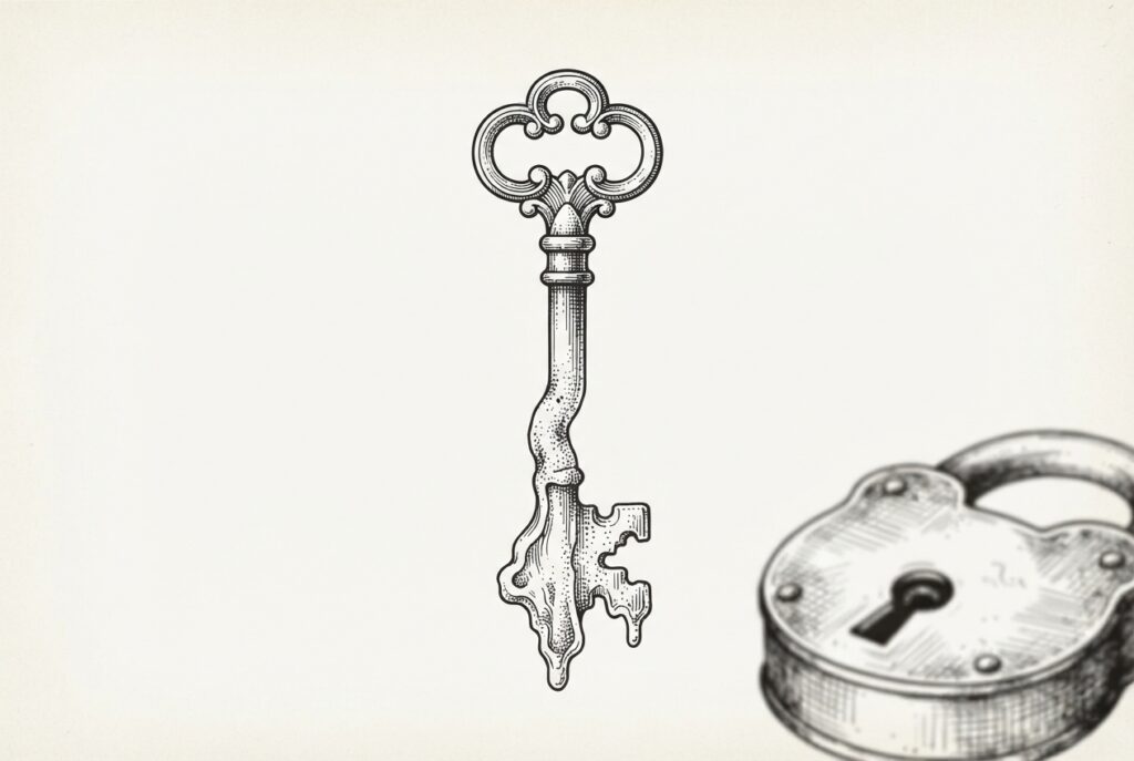 A mechanical key half-solid, half-melting, with a lock nearby that no longer fits - symbolizing Google's forced replacement of Assistant with Gemini