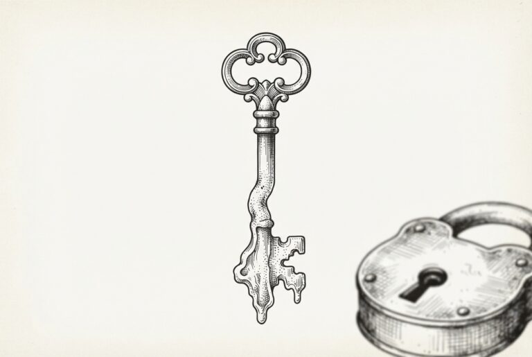 A mechanical key half-solid, half-melting, with a lock nearby that no longer fits - symbolizing Google's forced replacement of Assistant with Gemini