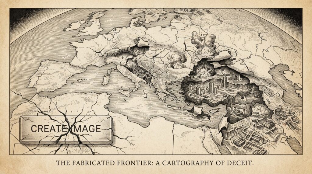 Satellite view of Earth with map surface cracking to reveal AI-generated imagery beneath, featuring a 'create image' button breaking apart