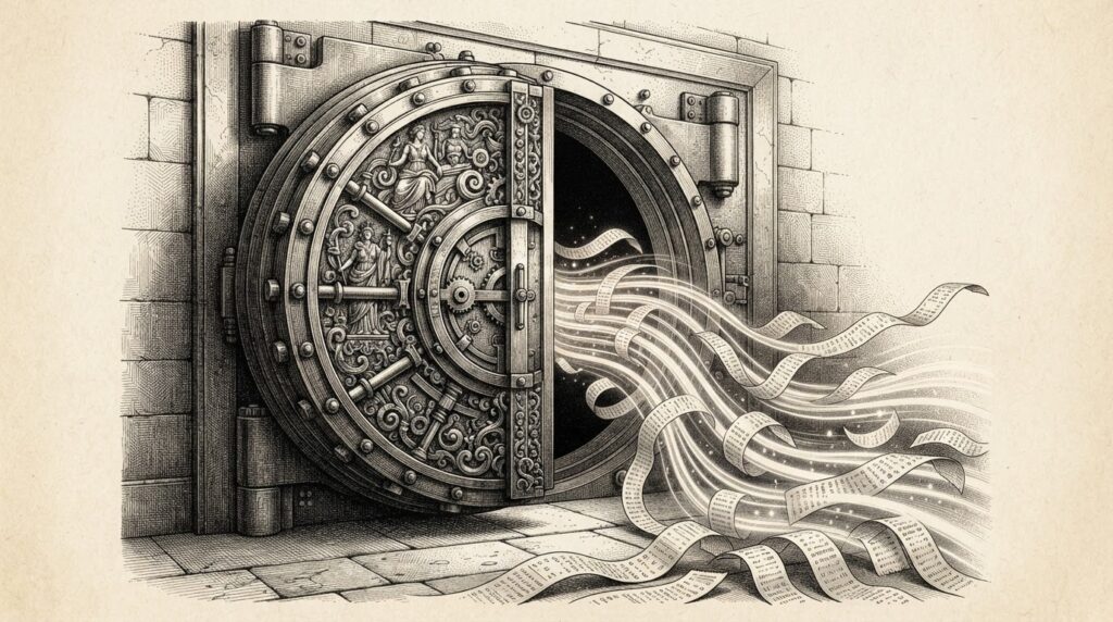 A massive vault door standing half-open, with streams of data flowing through the gap — but each stream is wrapped in a visible audit trail, like a receipt trailing behind it. Represents the tension between legacy compliance infrastructure and agentic AI workflows.