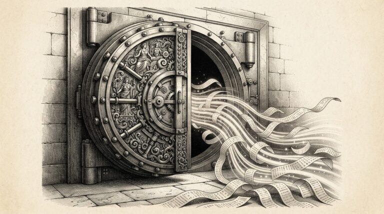 A massive vault door standing half-open, with streams of data flowing through the gap — but each stream is wrapped in a visible audit trail, like a receipt trailing behind it. Represents the tension between legacy compliance infrastructure and agentic AI workflows.