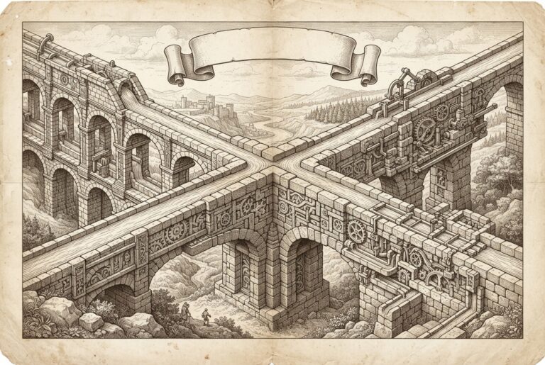 Two distinct, elaborate stone aqueduct systems (representing agent-to-agent and agent-to-tool protocols) converging at a single, massive architectural junction point beneath a neutral banner. The junction is held together by precise, interlocking stones. Monochrome pen-and-ink engraving on warm paper.