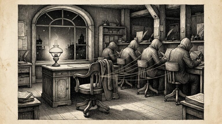 Monochrome pen-and-ink engraving of a night office: an empty desk chair under a burning lamp with a folded jacket on the back, while four faceless figures work at adjacent desks behind it - the absent human is the focal center. Thin filaments trace from the empty chair to each worker.