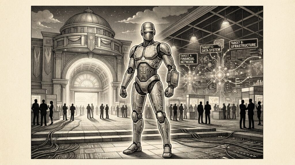 Monochrome pen-and-ink engraving of a robotic AI agent with circuit-board traces standing at the entrance of a Las Vegas convention hall, facing sandboxed security targets. Editorial engraving on warm paper, Forkast Ink style.