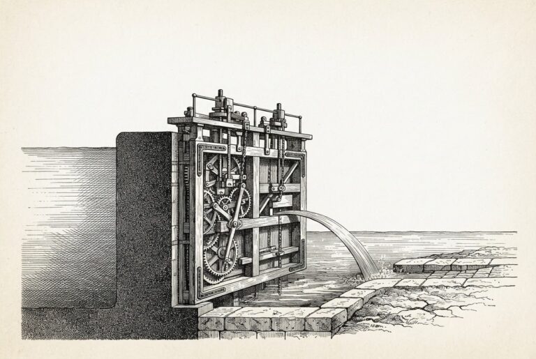 Monochrome pen-and-ink engraving of a canal lock gate in cross-section — a precision-engineered mechanism bridging two very different water levels, with a thin controlled stream flowing through the narrow opening. The specific, engineered solution that enables passage where generic tools cannot.