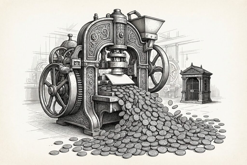 Hand-drawn engraving of an antique coin-minting press flooding the foreground with identical medallions while a small abandoned tollhouse sits idle in the background — a metaphor for free open-weight models rendering the paid API toll-gate obsolete.