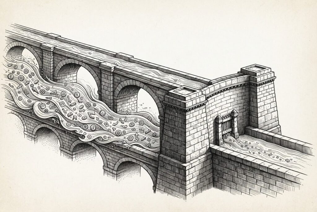 Stone aqueduct carrying commerce symbols narrows to trickle at dam representing trust barrier