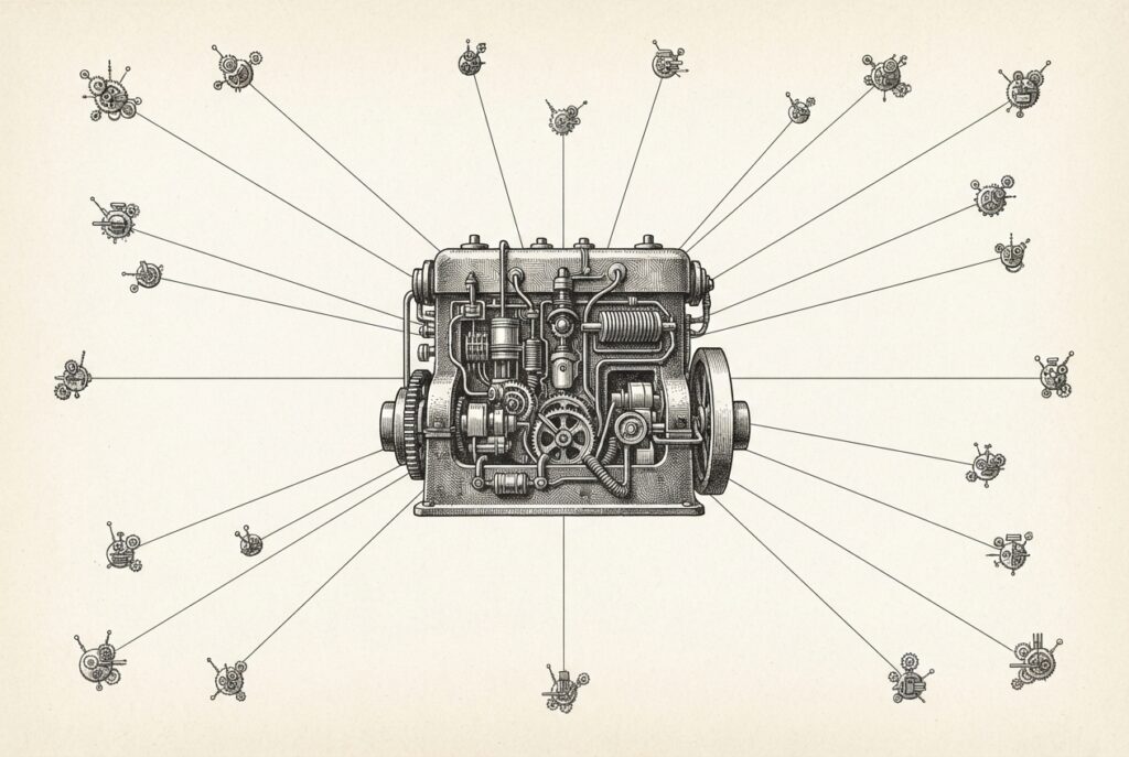 Hand-drawn engraving of an antique scientific plate showing a heavy central training engine with fine lines radiating to many small autonomous edge units — a metaphor for inference dispersing from the cloud to the device.