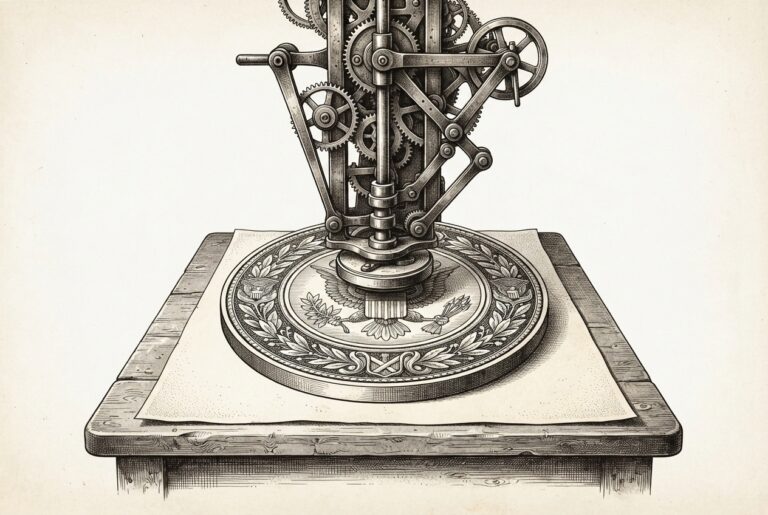 A formal government seal being pressed by mechanical apparatus - automated gears and levers rather than a human hand - representing federal vulnerability mandates triggered by autonomous agent exploitation.