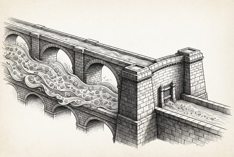 Stone aqueduct carrying commerce symbols narrows to trickle at dam representing trust barrier