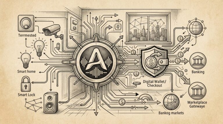 Monochrome editorial illustration showing a conceptual rendering of a smart home interface with a protocol connection point merging with a digital wallet/checkout symbol representing Alexa+ MCP agentic commerce.