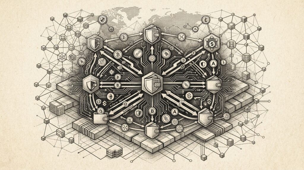 Digital wallet infrastructure illustration showing agent-to-agent payment channels on blockchain rails representing Cloudflare's x402 protocol enabling agent-native stablecoin wallets.
